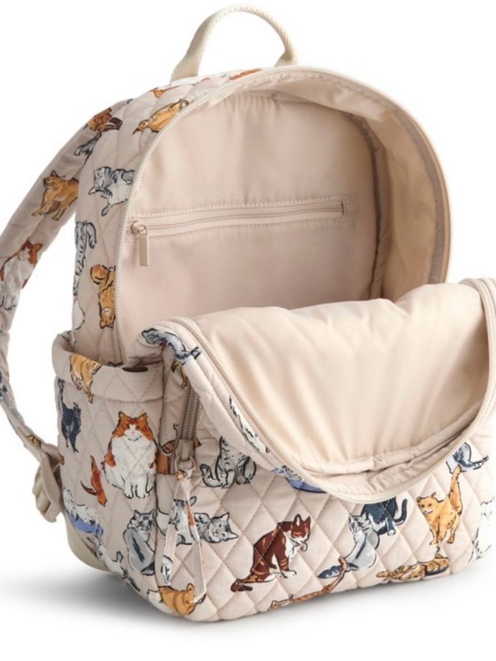 Vera Bradley Beige Quilted Backpack with Multicolor Cat Print - Picture 2 of 8